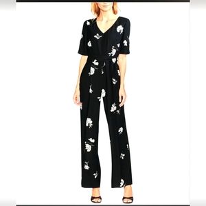 Vince Camuto Tossed Flowers Black White Floral printed Elbow Sleeve Jumpsuit 14